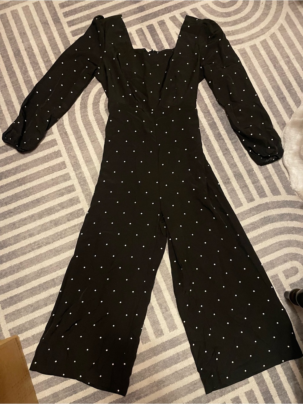 SHEIN Black Polka Dot Puff Sleeve Wide-Leg Jumpsuit